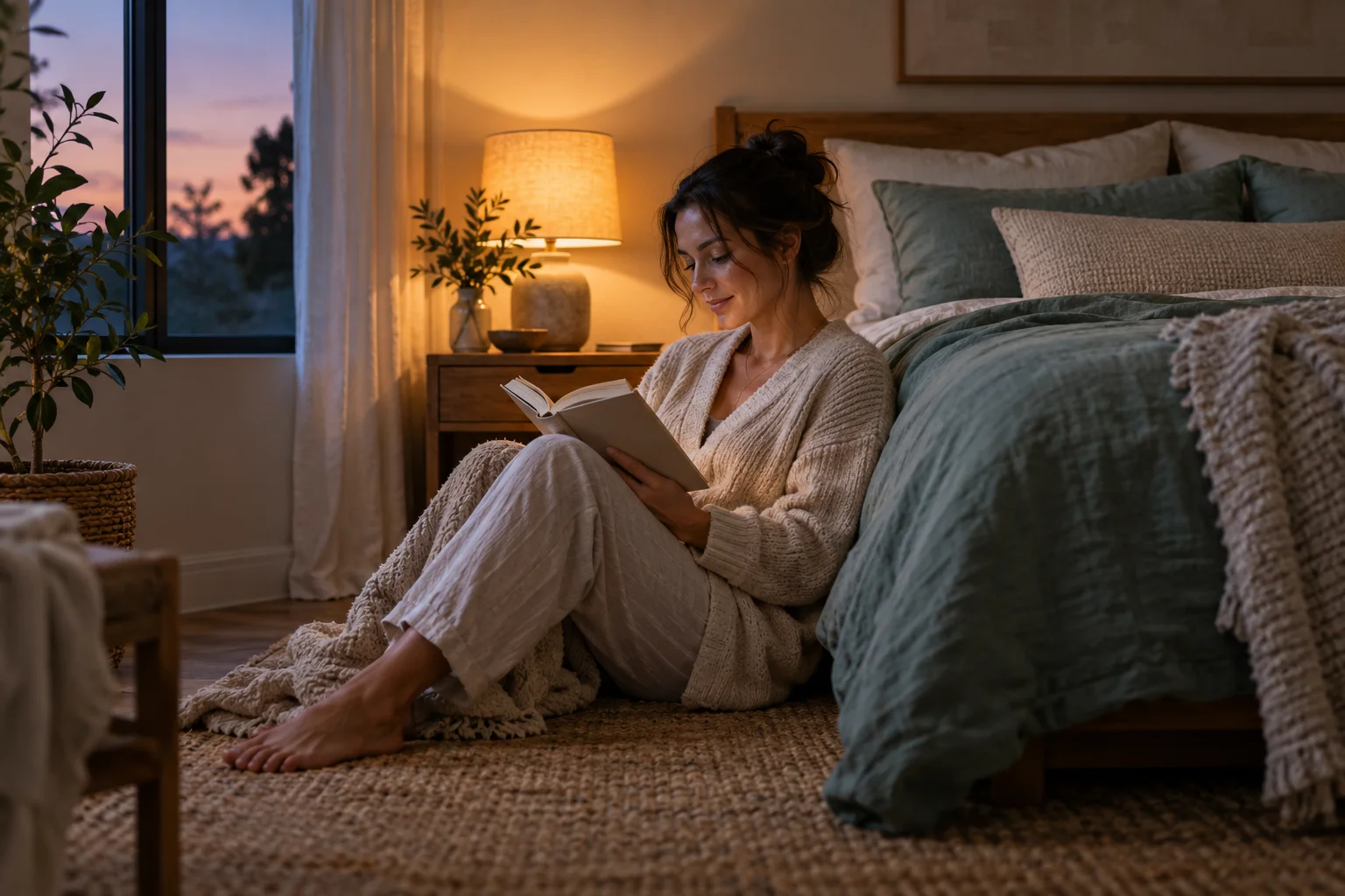 Adult reading in a calm bedroom at dusk