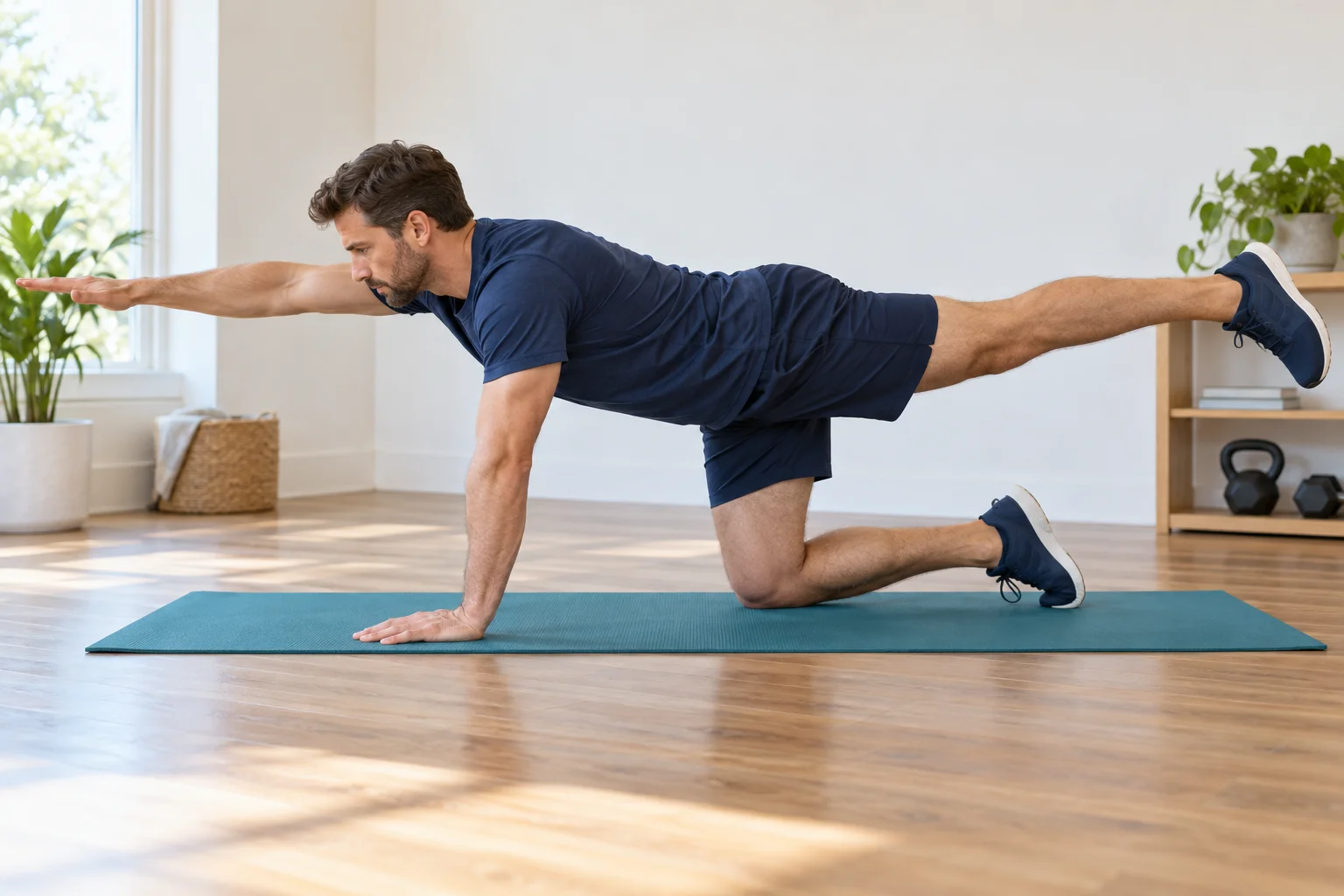 Illustrative image of a man performing a bird-dog exercise