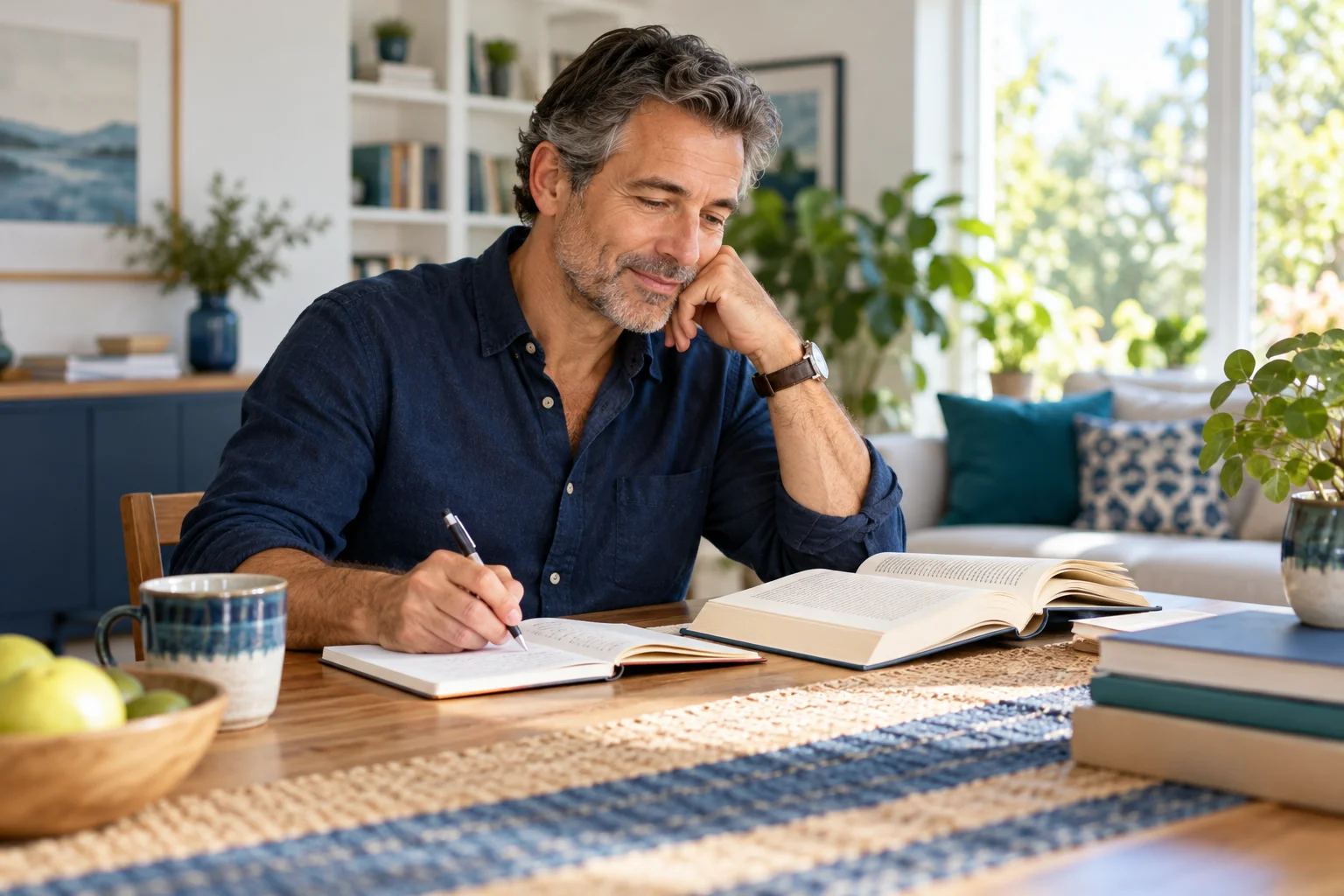Illustrative image of an adult reading and writing notes