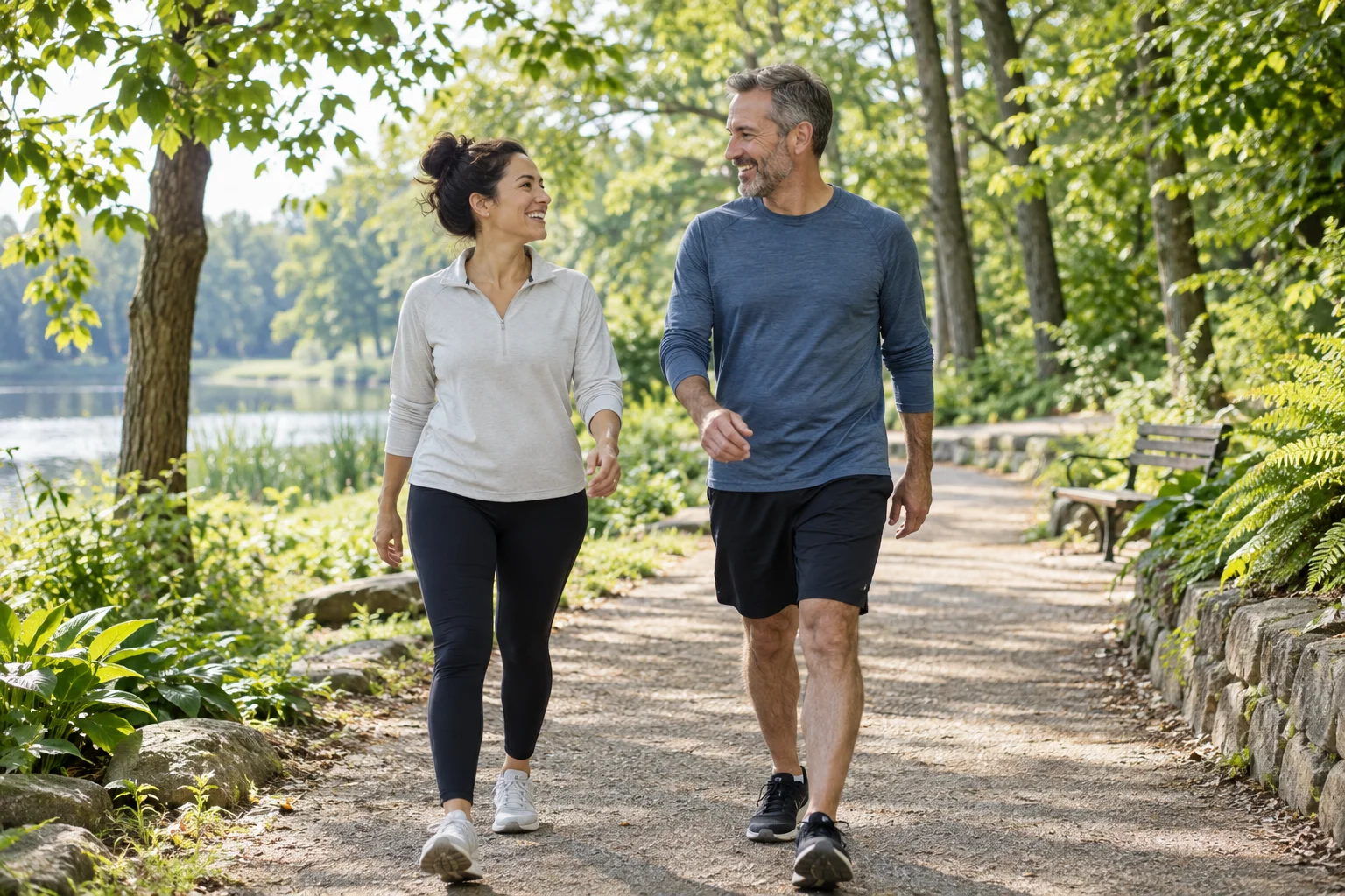 Two adults walking along a leafy park path